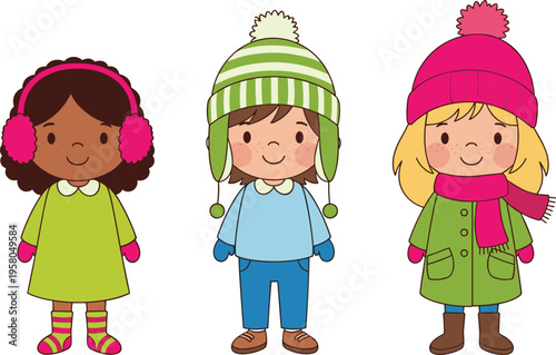 Cartoon Kids in Colorful Winter Clothes, Hats, and Scarves, Fun Winter Fashion Illustration for Children