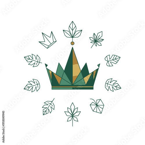 Green and Gold Geometric Crown Surrounded by Leaves.