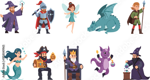 Fantasy Character Vector Set with Wizard Knight Fairy Dragon Mermaid Pirate King and Magical Creatures for Game Design Storytelling Illustrations and Creative Projects.