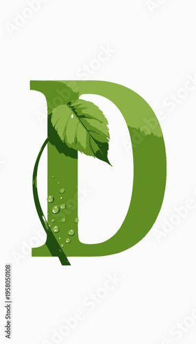 Stylized Green Letter D with Leaf and Water Droplets Symbolizing Nature and Freshness in Minimalistic Design