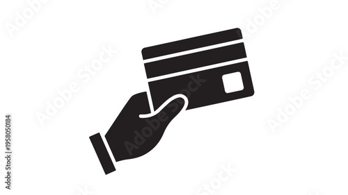 Credit card silhouette held by a hand with a white square chip detail, representing financial transactions.