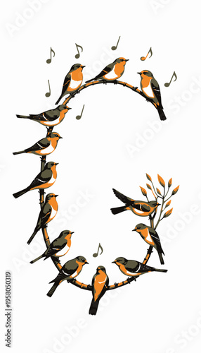 Illustration of a Circular Arrangement of Colorful Birds Perched on Branches with Musical Notes in Harmonious Flight