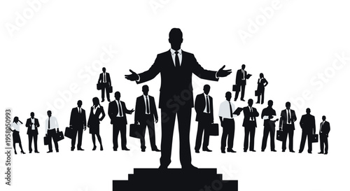 Businessman standing on a podium leading.