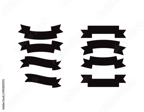 Set of curved and straight black ribbon banners for design projects, isolated on white background