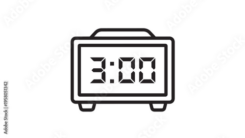 Alarm clock icon displaying 3:00 with bold digital numbers on a clean white background, representing time.