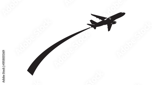 Airplane silhouette with a long contrail soaring upwards in a dynamic motion, symbolizing travel and freedom.