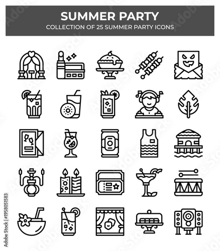 Summer Party Icons. A vibrant collection of 25 summer party icons