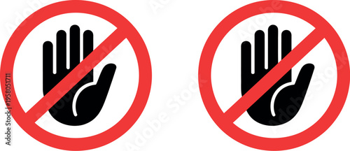 Prohibition sign with hand stop symbol representing no entry restriction, security warning and access control flat vector illustration