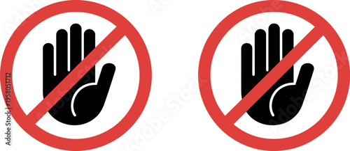 Prohibition sign with hand stop symbol representing no entry restriction, security warning and access control flat vector illustration