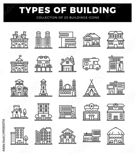 building icons for architecture and design. Diverse structures from castles to modern apartments. Architecture collection for graphic design.