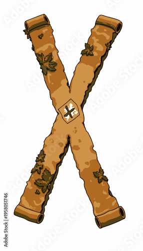 Large Ancient Scroll with Mysterious Map and Enigmatic Symbols Forming an X Shape Entwined with Green Ivy Leaves on a White Background