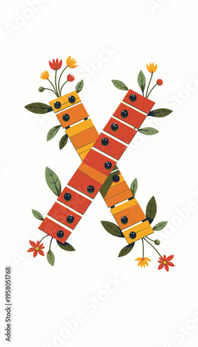 Colorful Wooden Xylophone Shaped in Letter X with Floral Accents and Playful Design