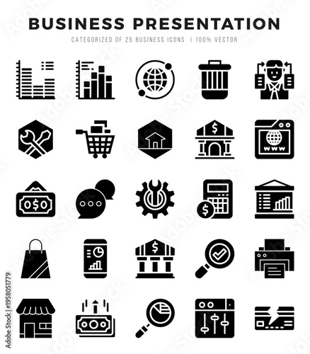 Vector Business Presentation types icon set in Glyph style. vector illustration.