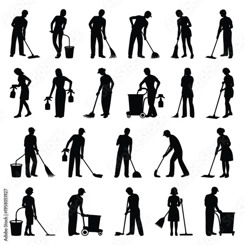 A collection of silhouettes of people cleaning and sweeping