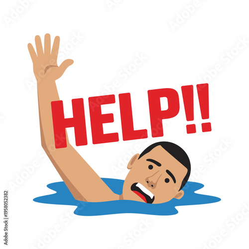 A cartoon man drowning in water with a help sign