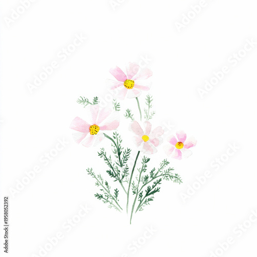 Elegant pink cosmos flowers watercolor art on white background for botanical design