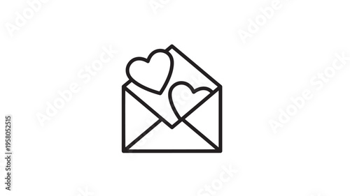 Envelope with hearts icon with black outline, representing love, romance, and communication for Valentine's Day or wedding themes.