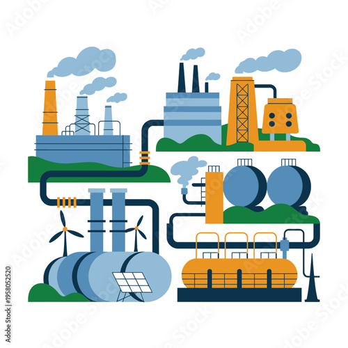 An illustration of industrial factories and renewable energy sources connected by pipes
