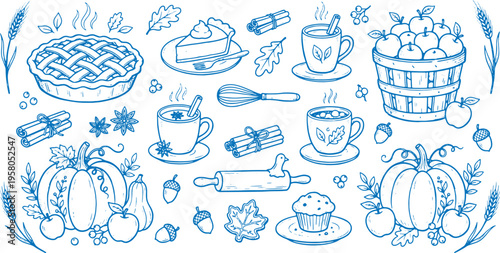 Autumn baking illustration with pie pumpkins coffee and pastries on a white background seasonal cooking and harvest concept