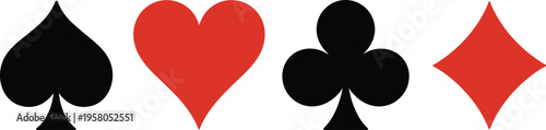Four iconic playing card suits arranged horizontally on white background for design and gaming concepts