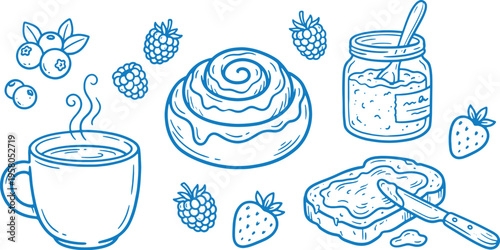 Delicious breakfast scene with cinnamon roll toast jam and fresh berries steaming coffee cup on a clean white background morning treats and pastries