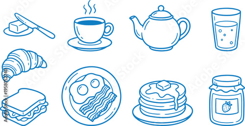 Variety of breakfast foods and beverages on plates and in glasses and jars on a white background