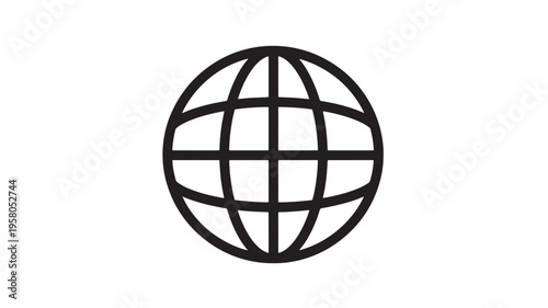 Globe icon with black meridians and parallels displayed on a white background featuring world, earth, planet with international and travel elements