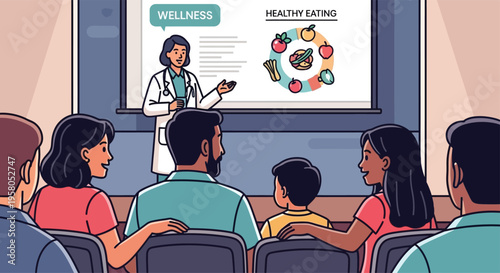 Doctor presenting healthy eating to families in a seminar.