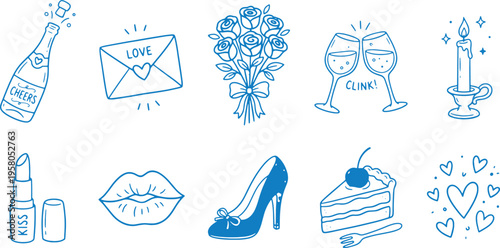 Valentine's day icons set with champagne bottle love letter flowers wine glasses candle lipstick high heel cake and hearts on white background for romantic celebration and party decoration