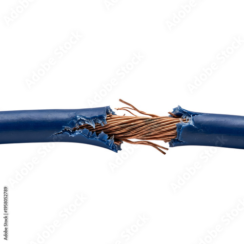 stripped wire with exposed copper strands and rubber insulation, electrical cable with bare conductors, wiring component isolated on transparent background PNG