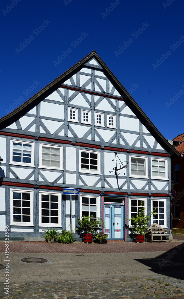 Fototapeta premium Historical Building in the Old Town of Hitzacker at the River Elbe, Lower Saxony