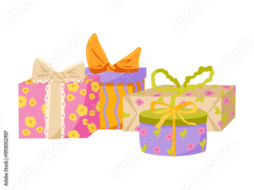 Gift boxes composition. Festive holiday surprise present packages in paper wrapping, retro decoration. 40s, 50s, 60s. Wrapped gift boxes heap for party. Flat vector illustration isolated on white