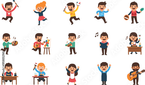 Kids Creative Activities Vector Set with Children Playing Music Painting Crafting Singing and Fun Hobbies for Educational Designs Preschool Materials and Illustrations.