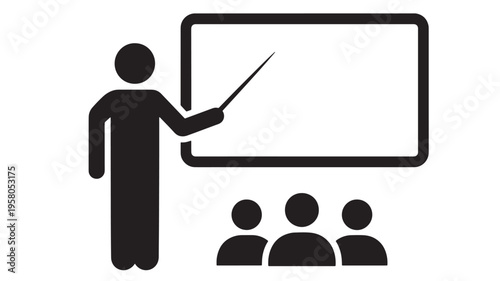 Presentation icon with a person pointing at a blank screen in front of an audience of three. featuring teacher, student, class with lecture and
