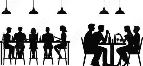Silhouettes of people dining at restaurant tables with lamps above social gathering and nightlife concept