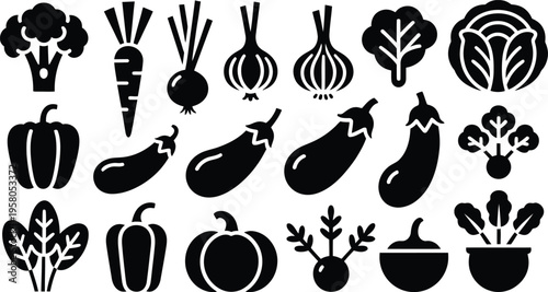 Vegetable icons set including broccoli carrot onion eggplant pepper pumpkin and leafy greens on white background