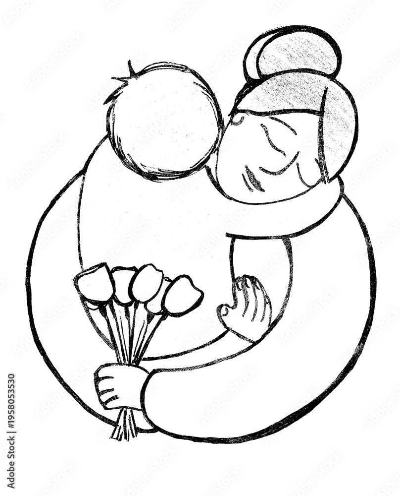 Obraz premium Minimalist line art illustration of a mother hugging a child with a bouquet of flowers. Ink drawing about motherhood, love, and greeting. Perfect for Mother's Day cards or family concepts.