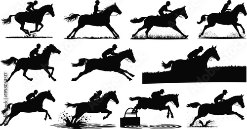 Equestrian silhouettes, horse riders, galloping motion, jumping obstacles, dynamic sports activity, rider control, outdoor adventure, animal power, athletic performance, synchronization balance