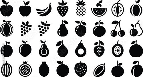 Collection of assorted fruit icons in black silhouette on white background for design and nutrition concepts