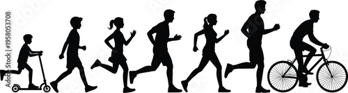 Human growth silhouettes, running child, scooter rider, teenage runner, adult man, woman jogging, bicycle rider, life stages, mobility evolution, fitness