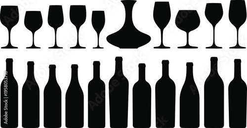 Black silhouettes of wine glasses and bottles on white background for beverage or alcohol concept
