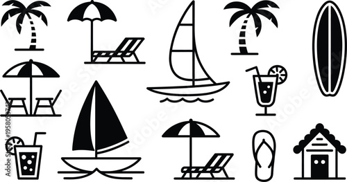Black line icons of beach vacation symbols including palm trees lounge chairs sailboats surfboards umbrellas drinks and a beach hut on white background for summer travel