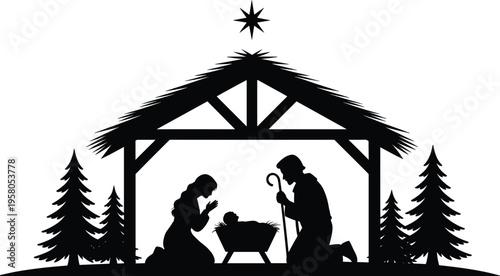 Bild auf Leinwand Nativity silhouette scene Christmas manger star Bethlehem holy family religious