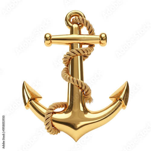 Golden anchor with rope on black nautical