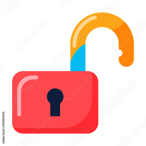 Vibrant flat design icon of an open padlock, symbolizing unlocked digital security, successful access, freedom, and privacy control. Ideal for technology, business, and web solutions