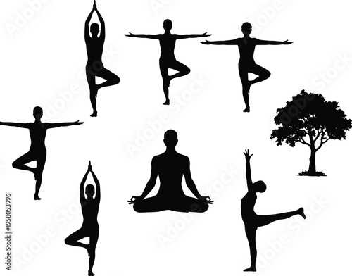 Yoga silhouettes in meditation, tree pose, dancer pose, circular arrangement, mindfulness practice, nature balance, wellness lifestyle, fitness, spirituality, harmony