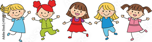 Group of Happy Cartoon Girls Jumping and Playing, Colorful Children’s Friendship and Fun Illustration