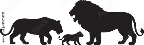 lion family lioness cub silhouette black white vector illustration