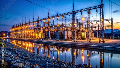 Electrical power station at dusk with reflection in water near industrial area