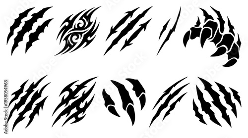 Black and white vector set of tribal beast claw scratches and torn monster slash marks. Ideal for wildlife animal attack graphics and tattoo designs